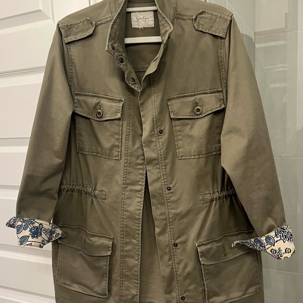 Olive Green Utility Jacket with Floral Cuffs